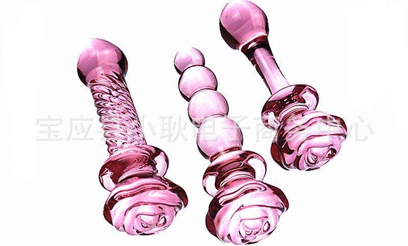 Pink rose glass penis anal plug female male adult sex products sex anal plug