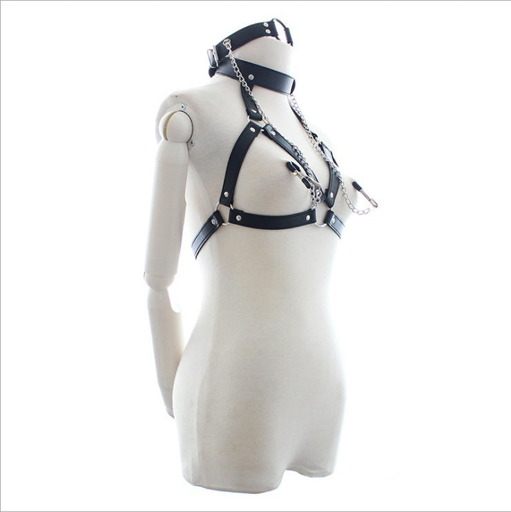 Sex Toys Adult Stretch Fit Restraint Breast Clip Temptation Bondage Faux Leather Open Top Lingerie O-Ring with Clamps