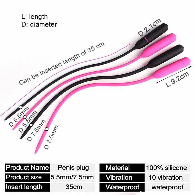 10 Frequency Urethral Vibrator Mute Silicone Pe/nis Plug Male Mastur/bator Sex Toys for Men (Black 5.5mm/7.5mm)
