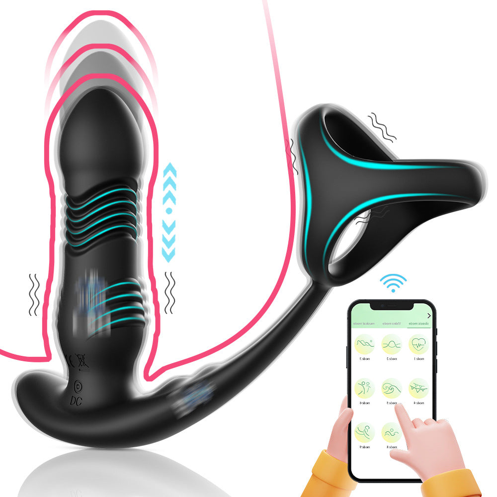 【APP Application】Adult products manufacturers wholesale crescent moon wireless remote control APP telescopic double shock three ring backyard prostate anal plug