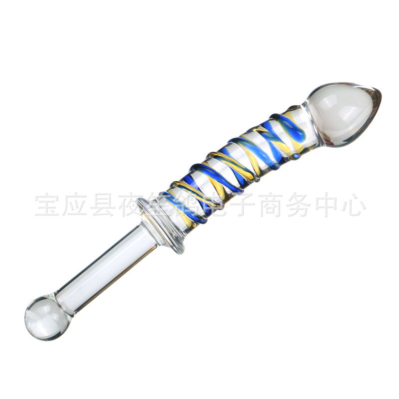 Swordsman series adult sex products red and blue stripes long handle glass penis female masturbation sex toys