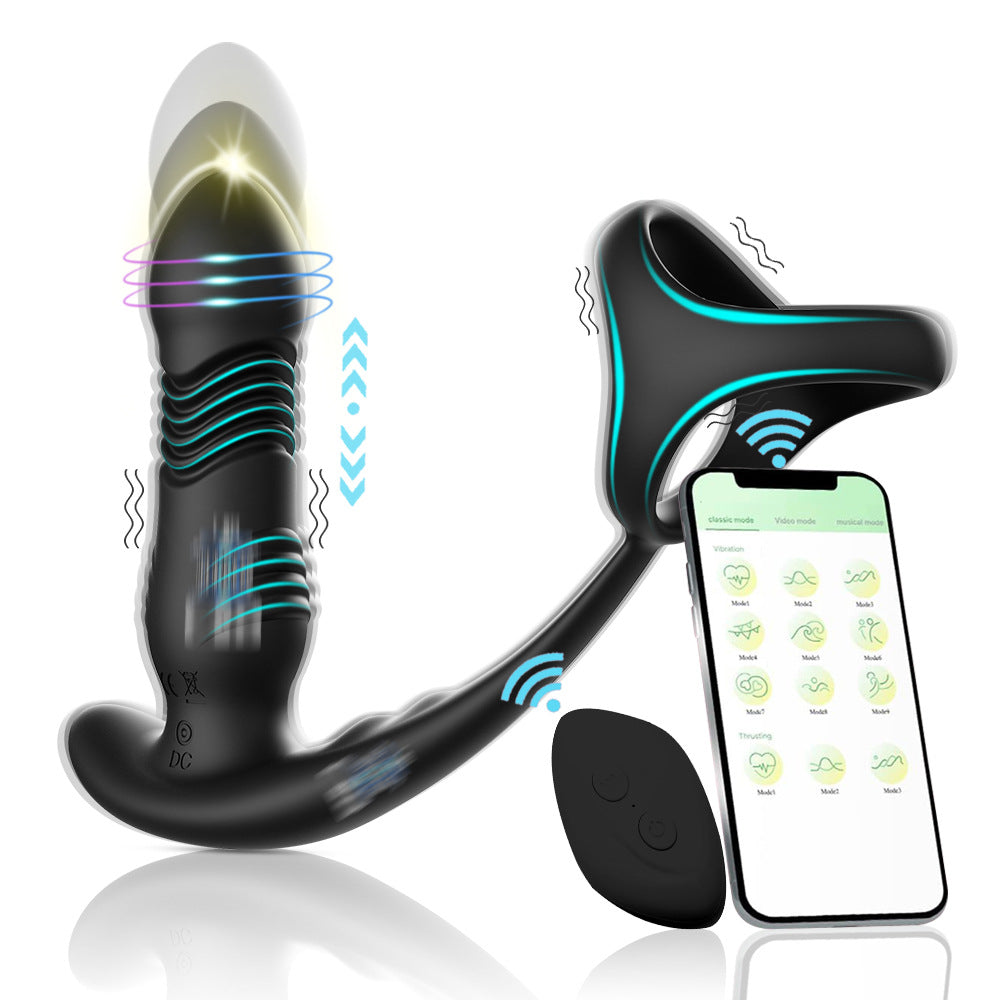 【APP Application】Adult products manufacturers wholesale crescent moon wireless remote control APP telescopic double shock three ring backyard prostate anal plug