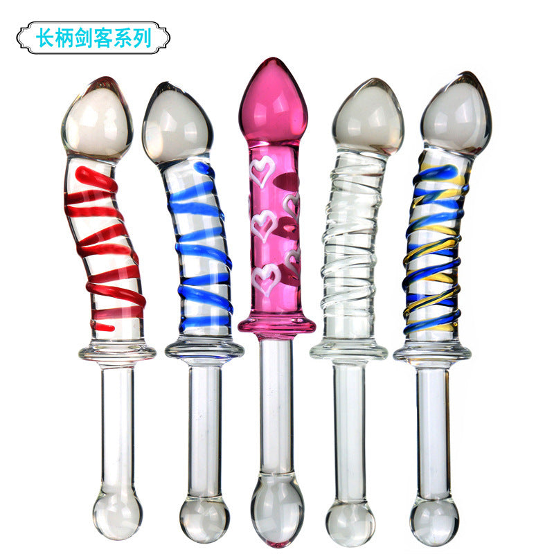 Swordsman series adult sex products red and blue stripes long handle glass penis female masturbation sex toys