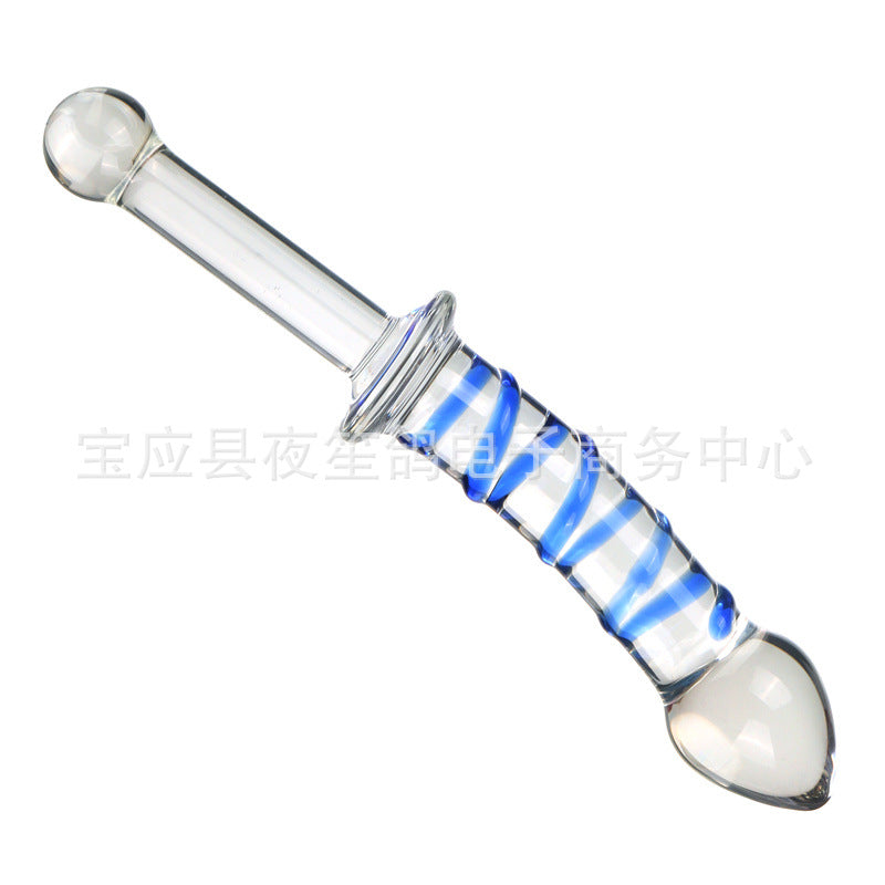 Swordsman series adult sex products red and blue stripes long handle glass penis female masturbation sex toys