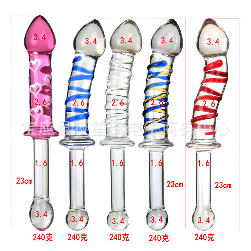 Swordsman series adult sex products red and blue stripes long handle glass penis female masturbation sex toys