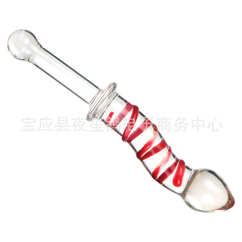 Swordsman series adult sex products red and blue stripes long handle glass penis female masturbation sex toys