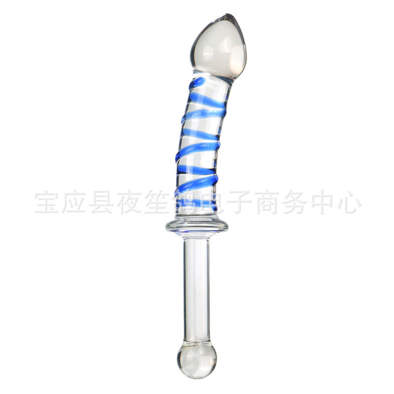 Swordsman series adult sex products red and blue stripes long handle glass penis female masturbation sex toys