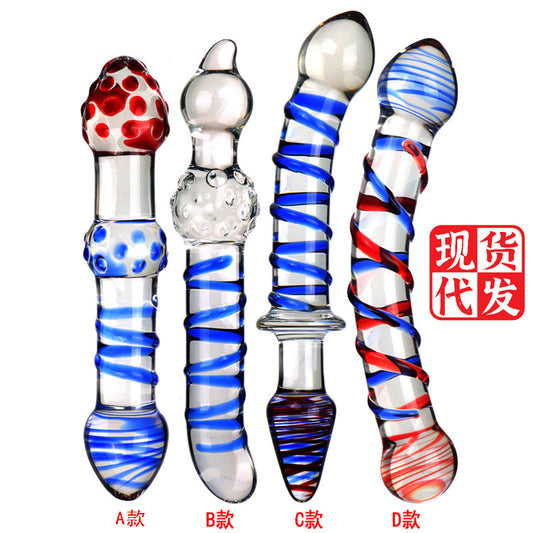 Striped sex adult products transparent glass penis ice and fire women's masturbation device backyard anal plug
