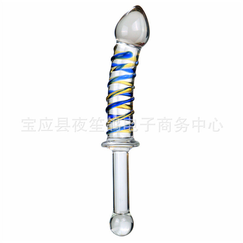 Swordsman series adult sex products red and blue stripes long handle glass penis female masturbation sex toys