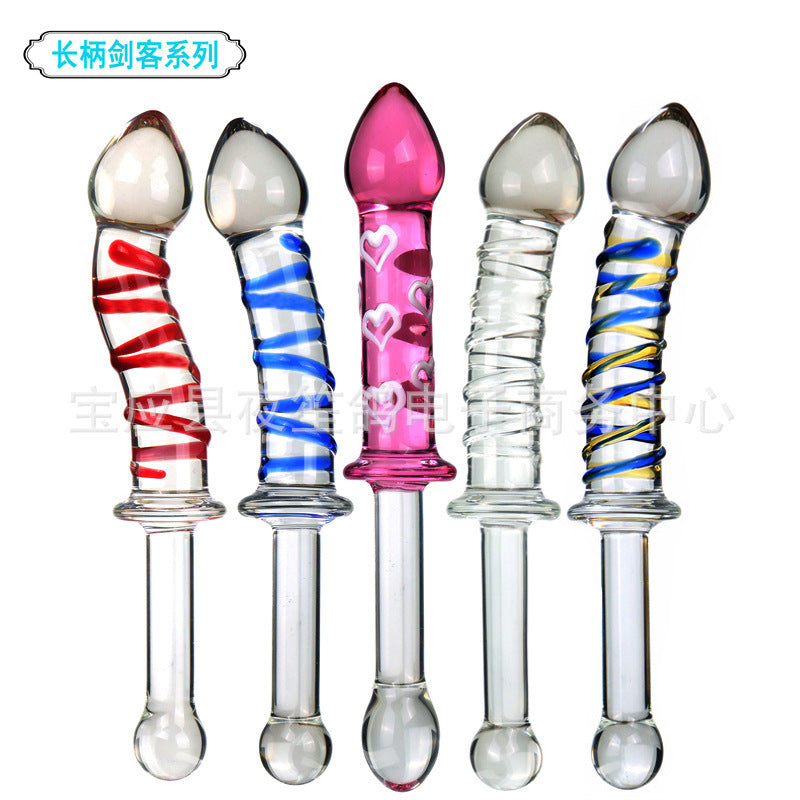 Swordsman series adult sex products red and blue stripes long handle glass penis female masturbation sex toys